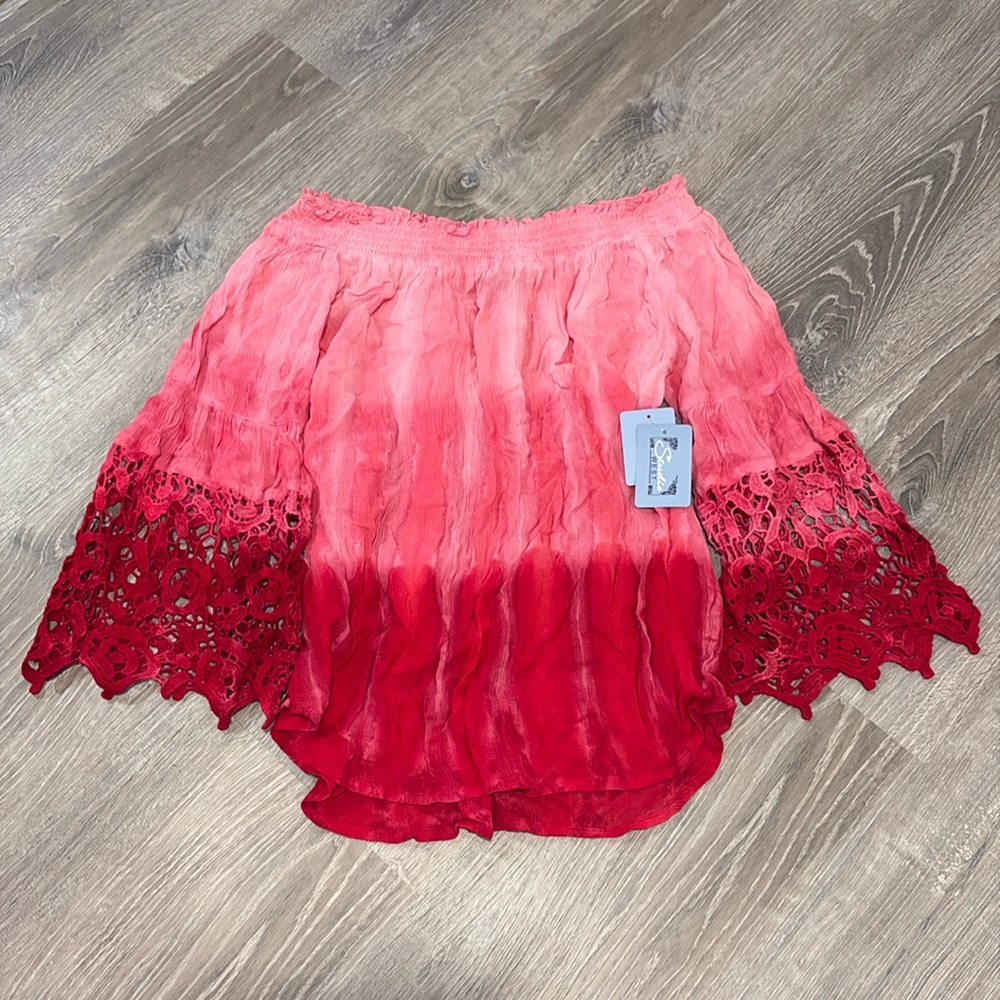 Y2K Studio West Boho Peasant Shirt Off The Shoulder Crochet Bell Sleeve Tie Dye